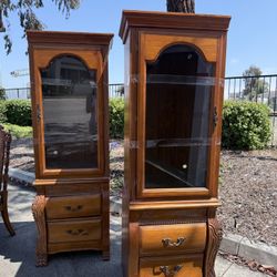 Vintage Wood & Glass Display Cabinets with Storage Drawers – Matching Pair!