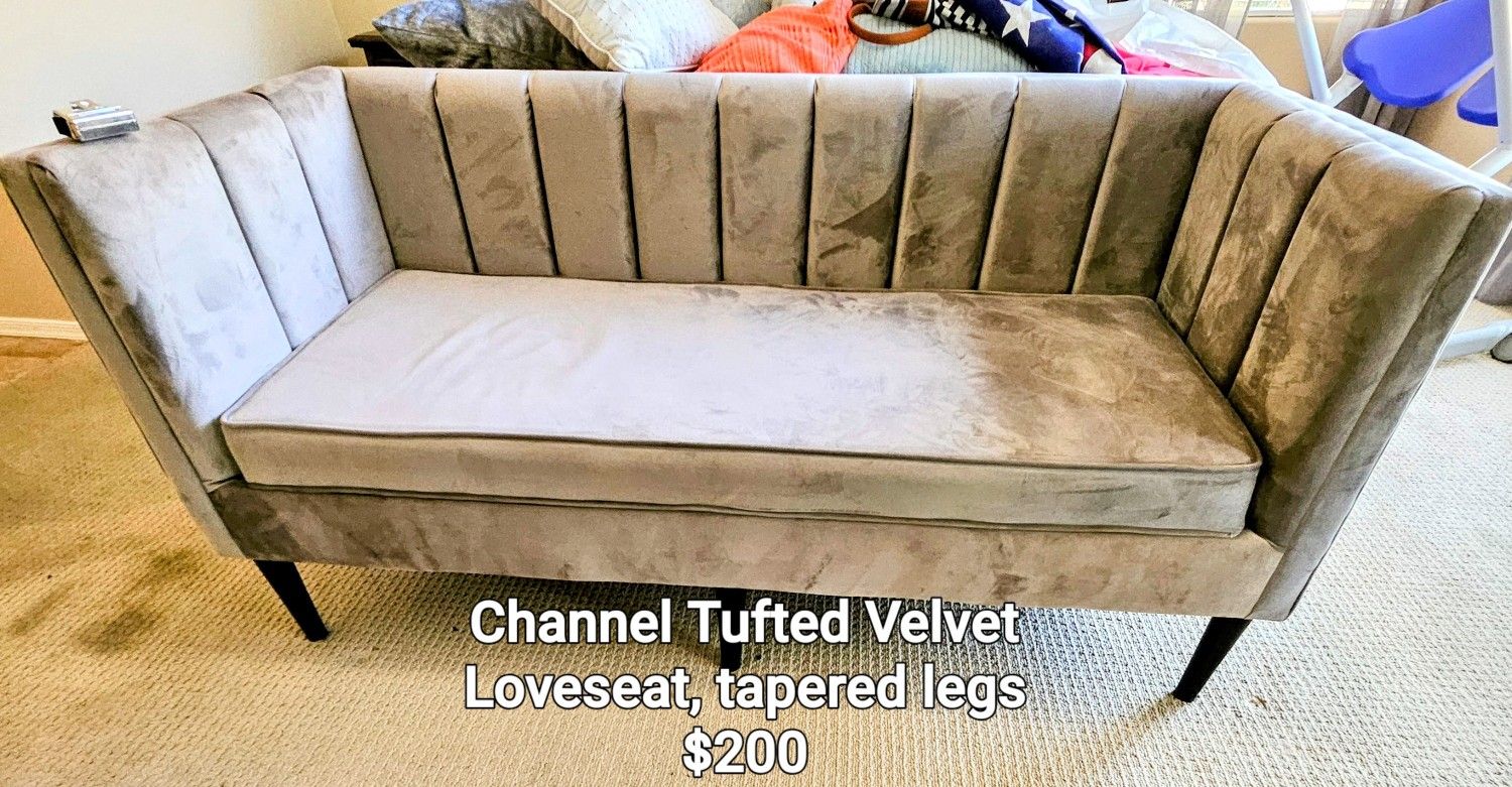 Velvet Setee, 65" Panasonic TV, End Table