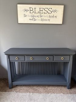 Gray Console Table with Drawers and Shelf