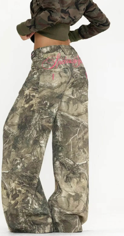 Vintage-style branch-pattern camouflage utility jeans