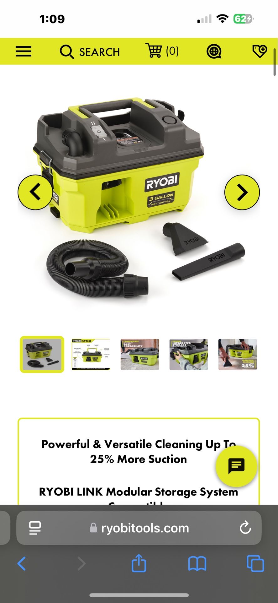 Ryobi One+ 18v Link* Shop vac 3 Gallon