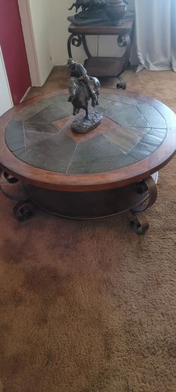 Round Wood and Slate Tile Coffee Table