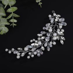Teyglen Bride Crystal Wedding Hair Vine Silver Rhinestone Pearl Headband Bridal Crystal Hair Piece Bridal Hair Vine Hair Accessories for Women