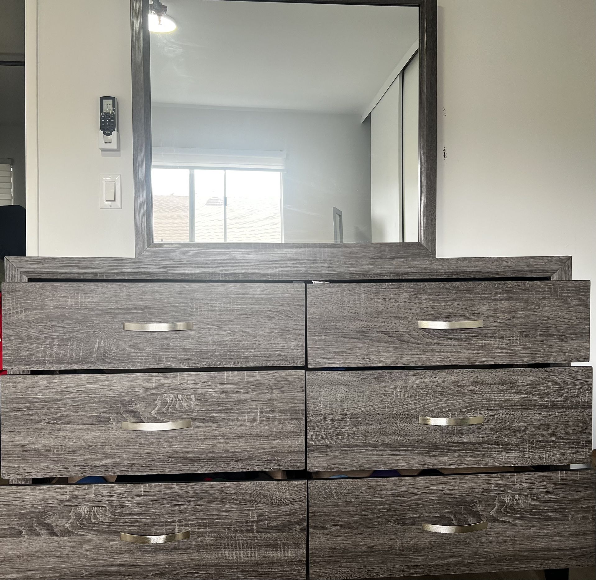 Living Spaces Rylee Dresser + Mirror – Grey Wood – Excellent Condition