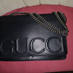 Gucci Black Leather Embossed Shoulder Bag

