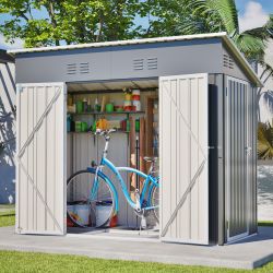 4x8 Slope-Roof Reinforced Storage Shed with Weatherproof Sloping Roof & 4 Air Vents, Heavy-Duty Sturdy Metal Frame, Left/Right Optional Door, Outdoor 