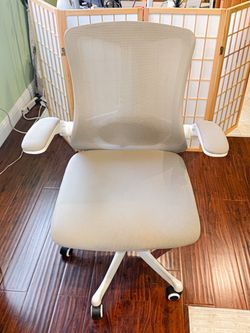 White and Beige Rolling Desk Office Chair with Lumbar Support