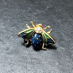 Vintage Bee Gold Plated Green Blue Lapel Jeweled Rhinestone insect pin brooch