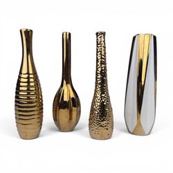 Set Of 4 Gold Ceramic Vases 12” Tall