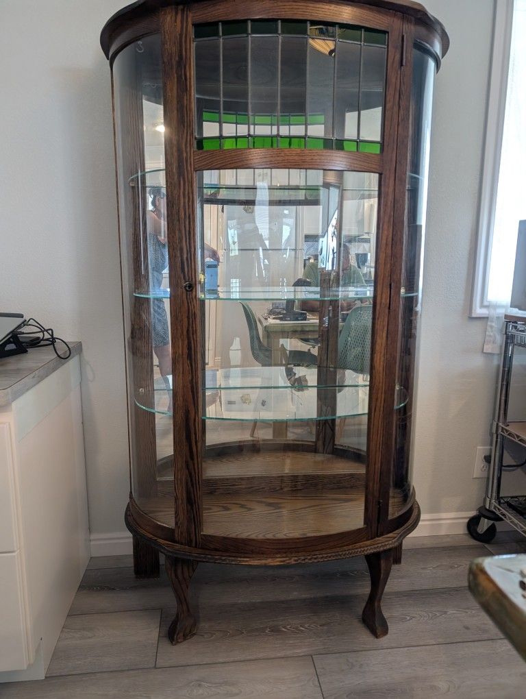 Vintage Oak Curved Mirror Backed Curio Cabinet - Located In Boulder City