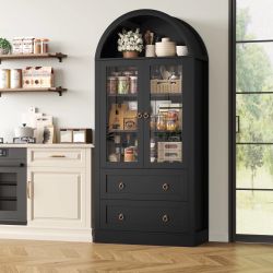 70" Tall Arched Kitchen Pantry Storage Cabinet with Glass Doors, Freestanding Modern Farmhouse Hutch Cupboard with 2 Large Drawers