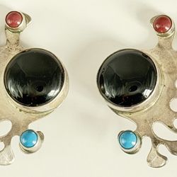 VINTAGE MEXICAN TAXCO STERLING SILVER ONYX CLIP-ON EARRINGS 