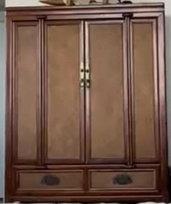 Asian-Style Wood & Rattan Armoire / Wardrobe - 2 Doors, 2 Drawers