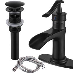 Thodore Waterfall Brass Bathroom Faucet Single-Handle One Hole Vanity Sink Faucet Vessel Faucet Basin Mixer Tap with Deck Plate,Matte Black https