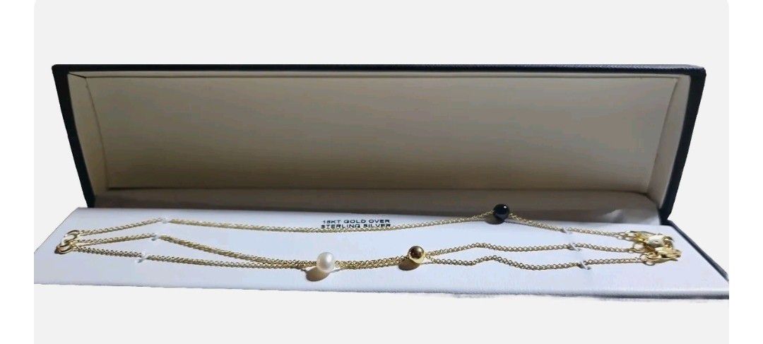 Giani Bernini 3 Piece Set Onyx & Freshwater Pearl Bead Chain Bracelets 18k Gold