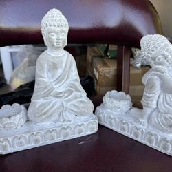 Buddha Statues with Lotus Candle Holders – Set of 2