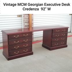 Vintage MCM Georgian Mahogany Solid Wood Executive Desk Credenza File Drawers