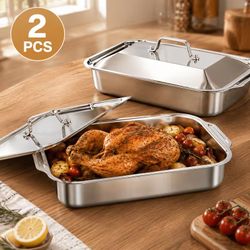 2-Piece Stainless Steel Roasting Pan with Lid