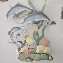 Metal Dolphins Plaque About 18 Inch Tall 