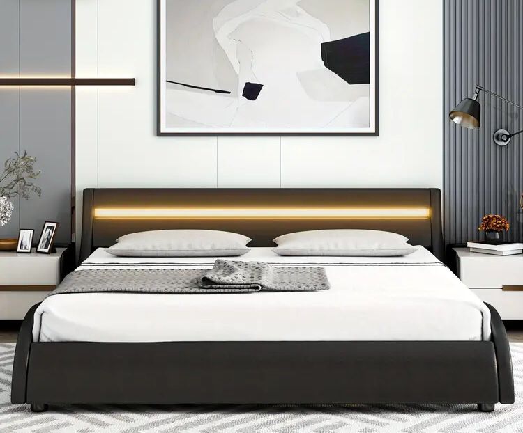 Queen Size Bed Frame Black Smart Led/charging Bed 
