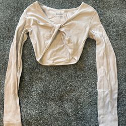 Garage Cream Ribbed Tie-Front Crop Top (S)