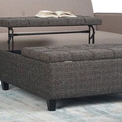 36 Inch Wide Square Coffee Table Lift Top Storage Ottoman in Upholstered Ebony Tufted Tweed Fabric, For the Living Room