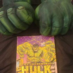 Vintage Marvel Talking Hulk Smash Hands. Soft Boxing Gloves + Coloring Book outside beat, inside looks unused. Gloves Received New Batteries 3 AAA, Re