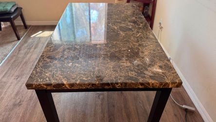 Faux Marble Top Dining Table Dark Wood Legs and entryway mirror