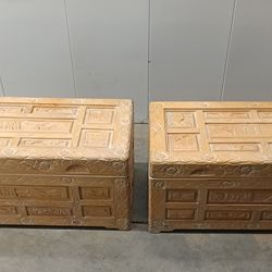 2 Antique 20th Century Hand Carved Yellow Wood Trunk Chest