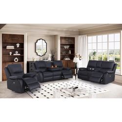Real Leather Power Automatic Recliner (Set Of 3pc), Chair + Loveseat Sofa + 3-Seater Couch