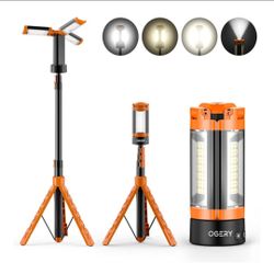 ☆ OGERY Rechargeable 10000mAh Camping Light with Stand 6.5 ft Max Height, Cordless Work Light with 3 LED Lamp Heads, 2200 Lumens Camping Essentials Ge