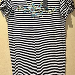 DownEast Blue/White Short Ruffle Sleeve 100% Cotton Dress Small