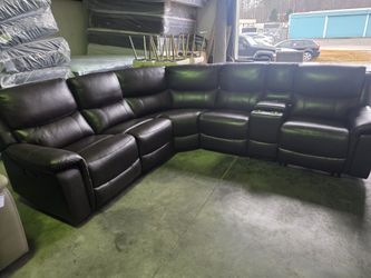 Brand New Lifestyle Top Grain Leather Dark Walnut Glove 6pc Dual Powered Reclining Sectional w USB/C