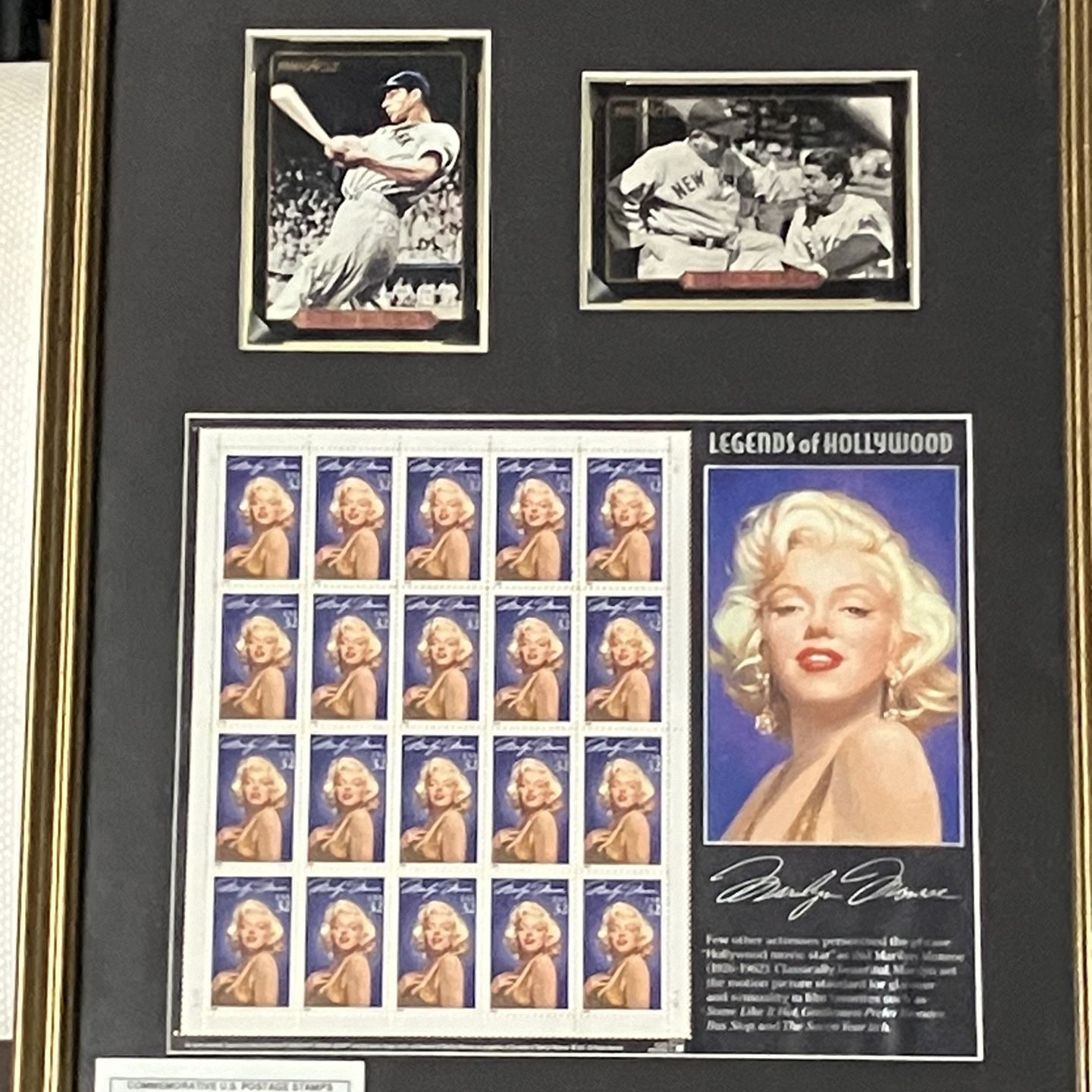 Joe DiMaggio, baseball trading card and Marilyn Monroe commemorative stamp