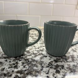 Set of 2 Sage Green Ribbed Ceramic Mugs