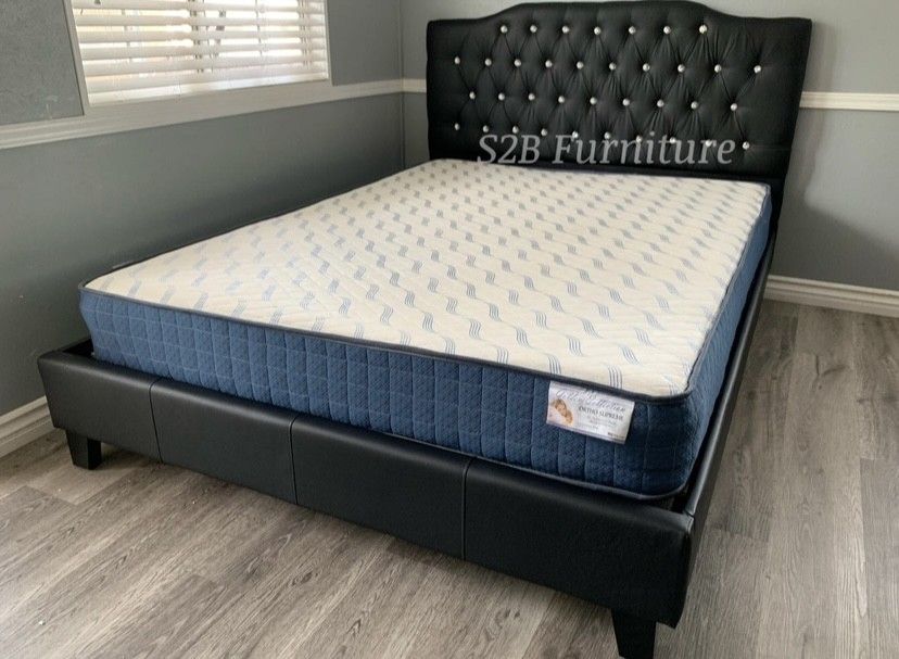 Queen Black Crystal Button Bed With Ortho Mattress Included