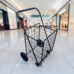 Black Metal Wire Cart Rolling Folding Utility Basket Trolley on Wheels! Basket size 16x18x28in