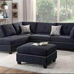 Black Polyfiber Sectional With Ottoman 
