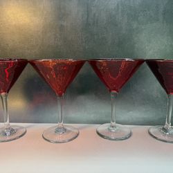 Set of (4) Rare Vintage Red Heavy Duty/Hammered & Hand Blown Martini Glasses. Thick & Heavy Glass. 