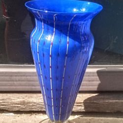 1980's Murano Venetian 12.5" art glass blue vase post modern style.