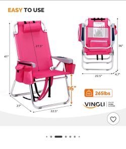 New Pack 17-in Beach Chair with 3-Position Cooler Bag Cup Holders and Towel Pink