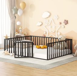 Queen Size Floor Bed with Rails for Kids, Girls, Boys, Metal Montessori Floor Bed with Door, Black