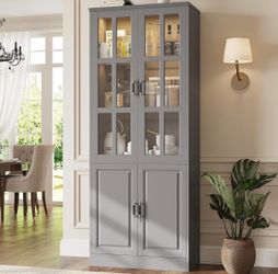 78.7" H,Kitchen Pantry Storage Cabinet with LED Lights with Glass Doors & Drawers, Freestanding Utility Cabinet, Grey