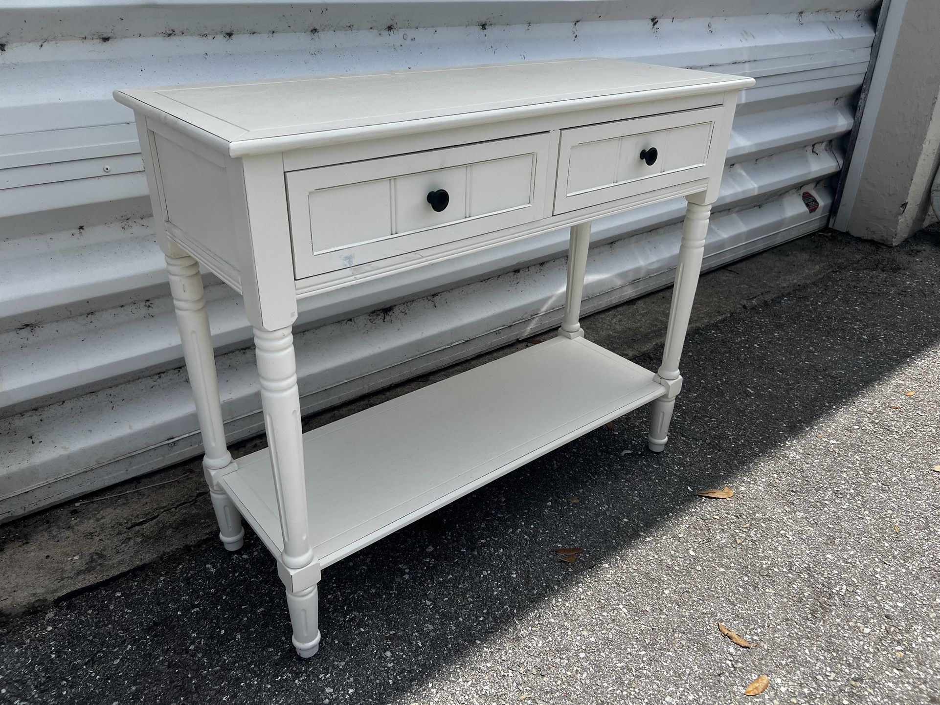 Modern White Wooden Double Drawer Side Entry Console Table! Good condition! Small blemish on front drawer. 36x14x30in