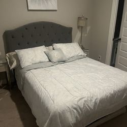 Grey Upholstered Headboard, Bed Mattress & Frame