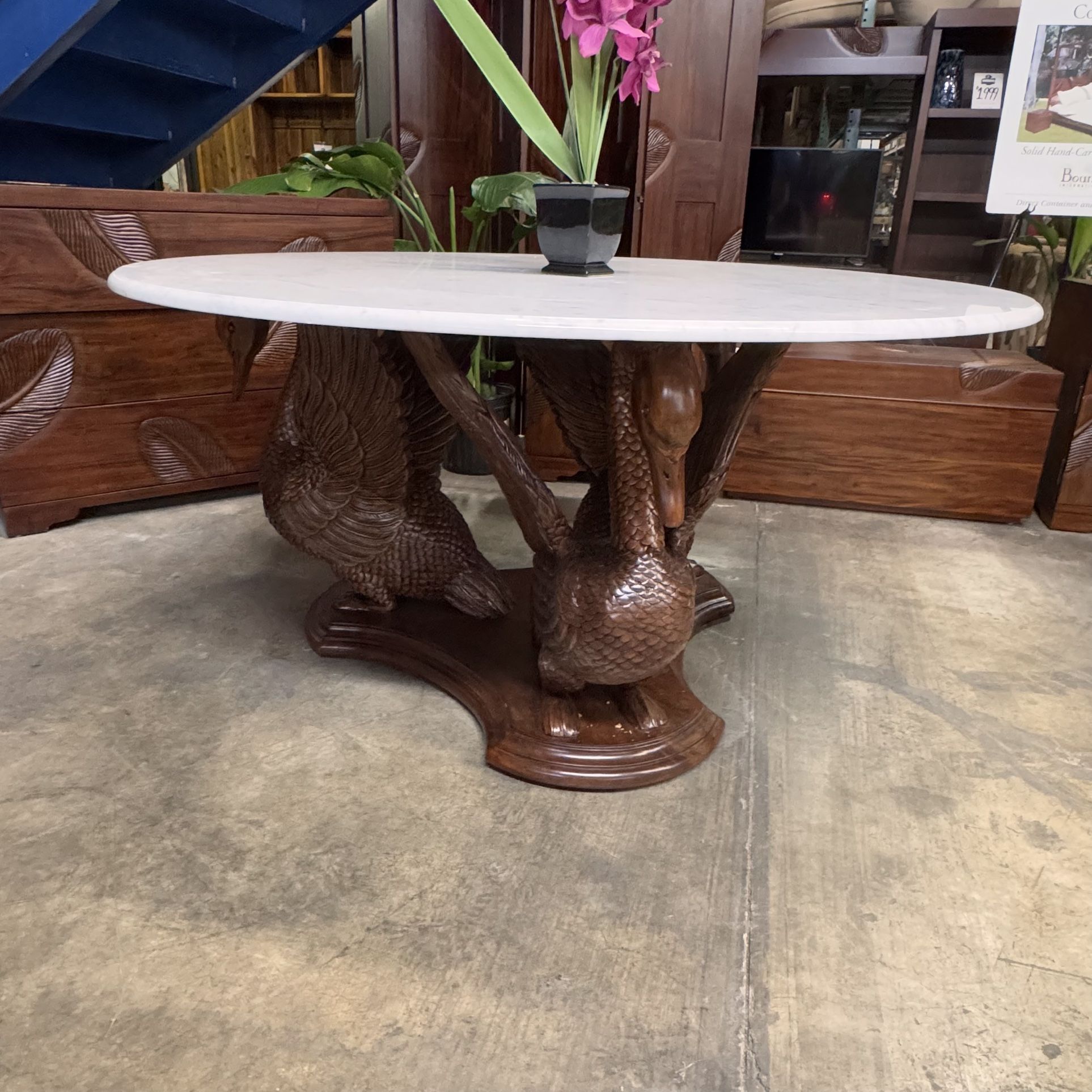 Hand-carved Swan Dining Table With Round Marble Top