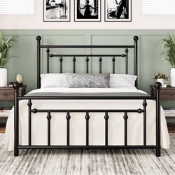 14'' Full Size Metal Platform Bed Frame, Vintage Headboard, Black 50'' Tall Victorian Headboard/Footboard/Mattress Foundation/Under Bed Storage/No Box
