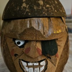 Vintage Handcrafted Carved Coconut Pirate Head Bank Storage Tiki Decor 