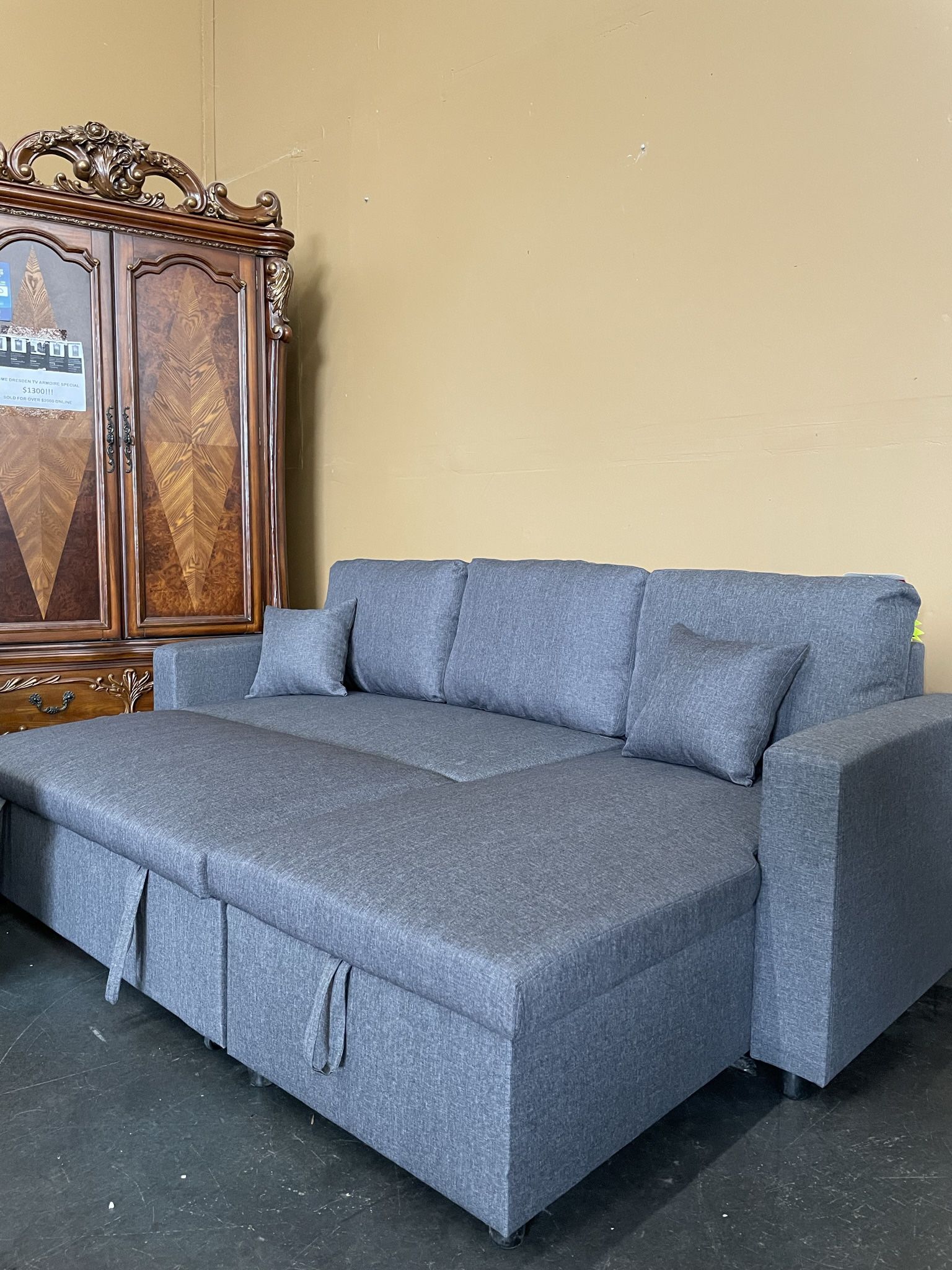 Gray Reversible Sofa Sleeper with Pull Out Bed Ottoman 
