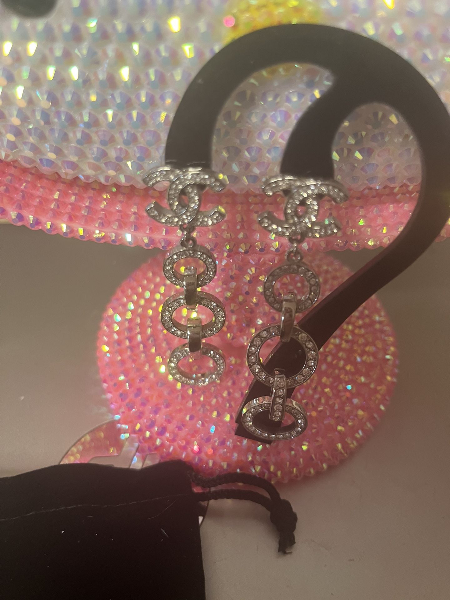 Chanel CC Silver Tone Dangle Drop Crystal Earrings
